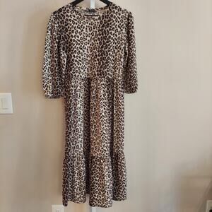 Zara Dress Small Semi Sheer Tiered Animal Leopard Print Midi Length 3/4 Sleeve